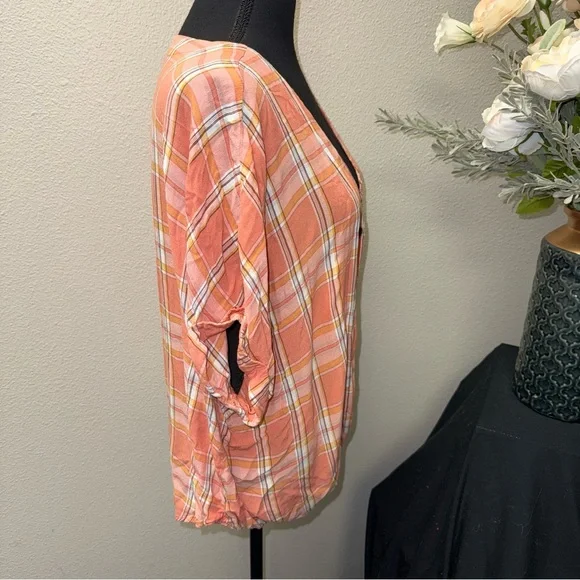 a.n.a Peach Plaid Twist Front Button Blouse XL Boho Summer Top - Picture 4 of 7